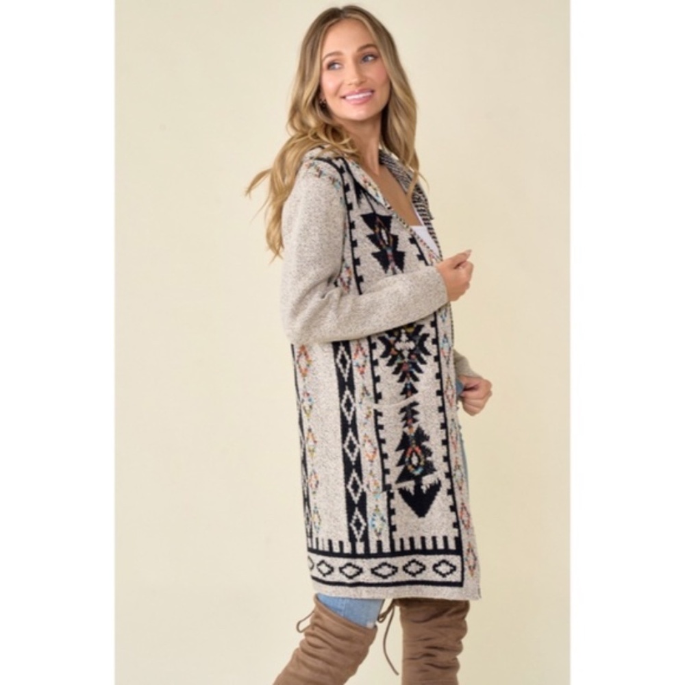 Oatmeal Aztec Rainbow Western Hooded Knit Cardigan Long Sleeve Open Sweater - Picture 12 of 14